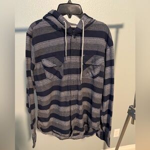 RSQ Navy and Gray Plaid Striped Flannel Shirt with Hood